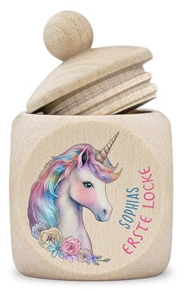 Dose erste Locke Mädchen modern Holz personalisiert Druck Name Einhorn