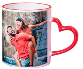 Made in Gift Taza de Cerámica de Color Rojo con Asa en Forma de Corazón Personalizada con foto 33cl como Regalo Original para Parejas y Enamorados