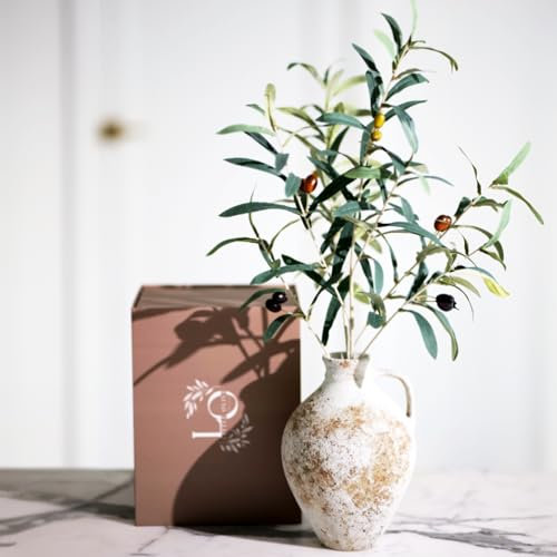 Vase rustique de 25,4 cm avec branches d'olivier de 61 cm, fausses plantes réalistes, vase de centre de table, vases en céramique pour décoration d'intérieur