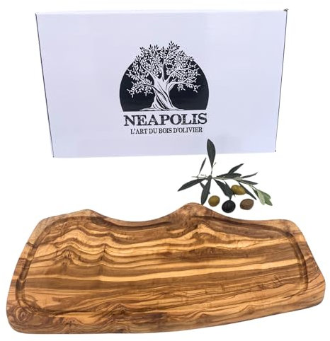 NEAPOLIS Planche à Apéritif en Bois d'Olivier, Planche à Découper avec Rainure, Plateau Fromage, Charcuterie et Petit-Déjeuner 36-42 cm – Élégante et Durable