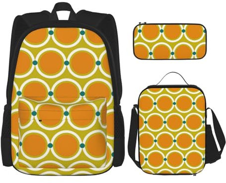 YsoLda Rucksack-Set, Schultasche, Büchertasche, Rucksack, 3-teiliges Set mit Lunchtasche, Federmäppchen,Retro-Stil der 60er und 70er Jahre