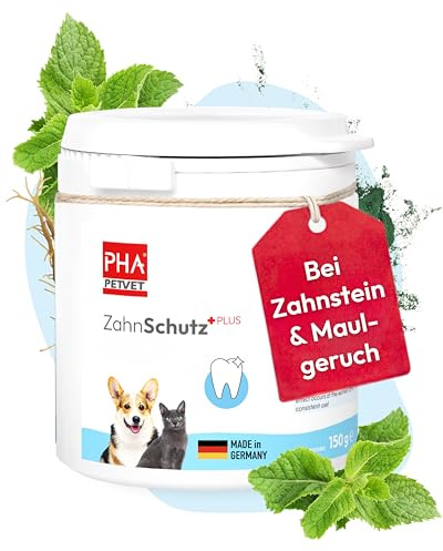 PHA ZahnSchutz Plus Dental Pulver für Hunde & Katzen - Verminderung von Zahnstein und Zahnbelag, gegen Mundgeruch, Zahnpflege Hund Katze, Zahnreinigung, 150 g