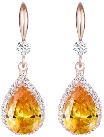 Linawe Rose Gold Yellow Earrings for Women, Imitation Diamond Dangle Drop Chandelier Rhinestone Citrine Cubic Zirconia Crystal Wedding Earrings, Lemon Jewellery Set
