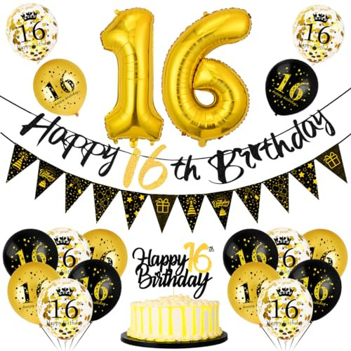Deko 16. Geburtstag Junge Mädchen, Luftballons 16 Geburtstag Schwarz Gold, 16 Happy Birthday Banner Wimpelkette, Folienballon Zahl 16, Cake Topper Schwarz Gold für Geburtstag Party Dekoration