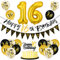 Deko 16. Geburtstag Junge Mädchen, Luftballons 16 Geburtstag Schwarz Gold, 16 Happy Birthday Banner Wimpelkette, Folienballon Zahl 16, Cake Topper Schwarz Gold für Geburtstag Party Dekoration