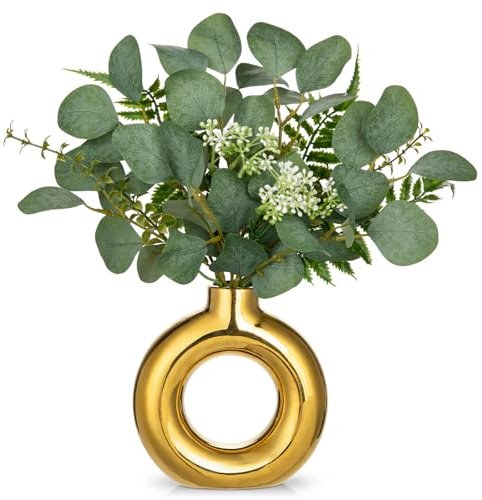Arborus Kunstpflanzen in Vase Künstlicher Eukalyptus in Vase Eukalyptus Deko in Donut Vase Kunsteukalyptus Künstliche Eukalyptusten Grünpflanzen in Keramik Vase Kunstpflanzen Tisch Regal Deko