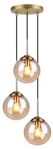 Tropibed Modern Globe Glass 3 Pendant Lights - Glass Ball Pendant Lighting for Kitchen Island, Dining Room, Bedroom - Farmhouse Pendant Lighting Fixtures - Ceiling Hanging Light (Amber)