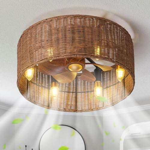 ENXING Rattan Ceiling Fan with Light - Vintage Mute Fan with Remote Control, 6 Speed Timer for Bedroom, Kitchen, Living Room (Bulb Not Included)