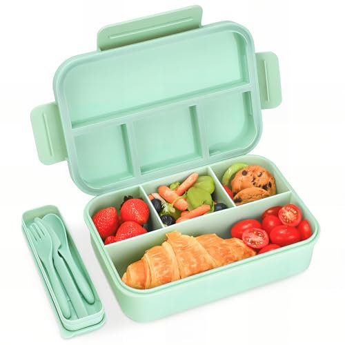 Bugucat Brotdose mit Fächern 1300ML,Lunchbox Kinder Auslaufsicher mit 4 Fächern,Lunch Box Bento Box mit Fächern für Kinder und Erwachsene,Vesperdose Frühstücksbox für Jungen&Mädchen Grün