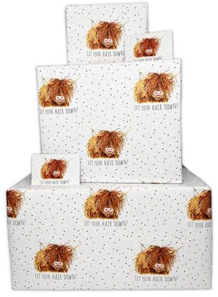Twizler Geburtstags-Geschenkpapier für Damen – Schottische Hochlandkuh – 4 Bögen & 4 Anhänger – 70 cm x 50 cm gefaltete Bögen – lustiges Geschenkpapier