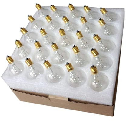 Shinnytown - Confezione da 25 lampadine in tungsteno G40 E12, 7 W, trasparenti, calde, colore bianco, per esterni G40 da giardino (luci solari non incluse)