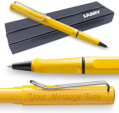 Lamy Safari Rollerball Pen with personalized engraving. Ergonomic grip, medium line width, robust ASA plastic, includes blue M 63 refill, and comes gift boxed. (Yellow)