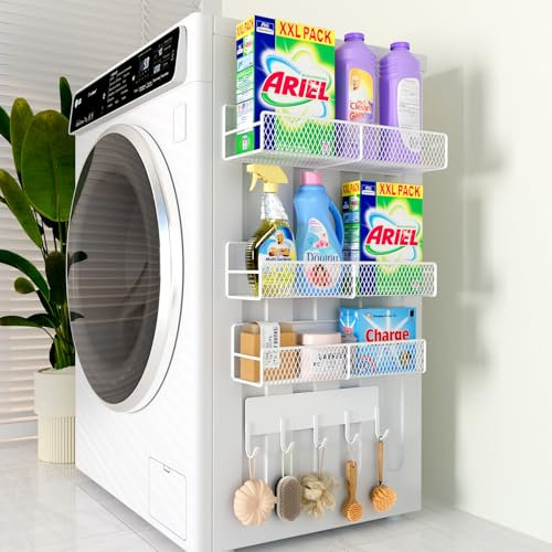 Magnetische Regale für Waschmaschine, robust, magnetischer Wäsche-Organizer mit Haken, Waschmaschinenregal für Kühlschrank, Metall-Aufbewahrungskörbe, Schrank und Waschküchen-Organisation (weiß), 4