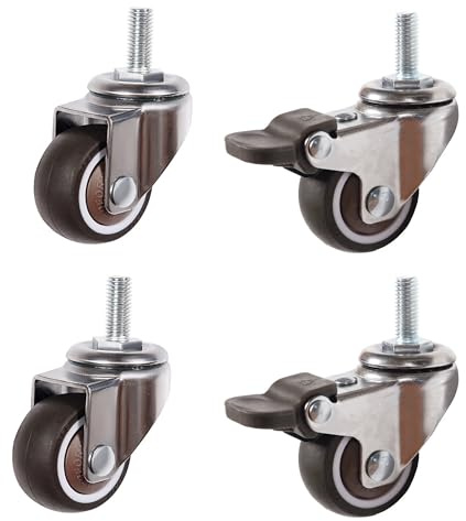 Kozuoan Mini Möbelrollen, Gewindestange M6x15 mm, Niedrigprofil-Gummi-Lenkrollen, geeignet für kleine Wagen, Möbel,Regale, 4er-Set, Tragkraft 60kg (32 mm, 2 without Brakes + 2 Brakes)