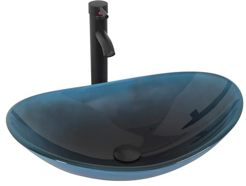 YU YUSING Waschbecken Glas Aufsatzwaschbecken Waschtisch, Oval Hand Waschschale mit Wasserhahn Set, Waschplätze für Badezimmer Küche Gäste WC, Modern Dunkelblau