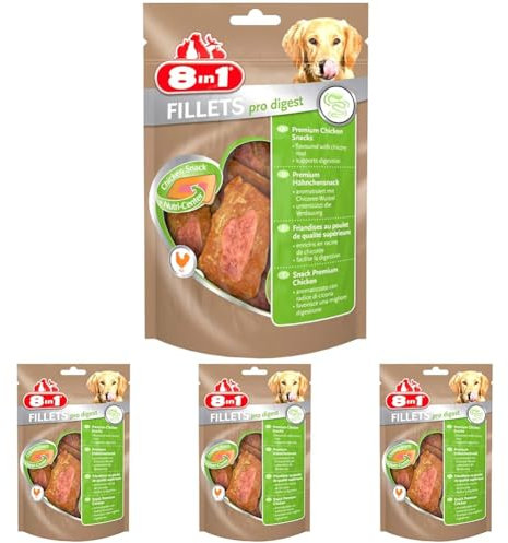 8in1 Fillets Pro Digest Hunde-Snack mit Hähnchen, funktionale Leckerlis für Hunde, unterstützt die Verdauung, 80 g Beutel (Packung mit 4)