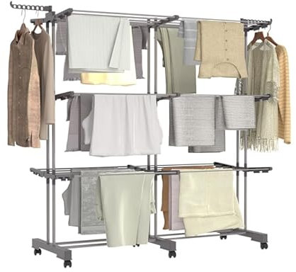 IDMarket - Wäscheständer, vertikal, faltbar und ausziehbar, 3 Ebenen, Maxi-Kapazität, 40 m, Edelstahl und Grau