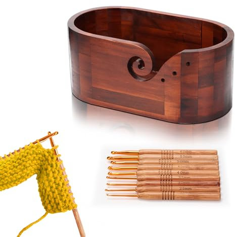 Garnschale für Wolle, Handgefertigte Holz Wollschale Mit 9 Häkelnadel, Groß Holzwollschale, Ovale Strickschale mit Löchern, Verhindert Verheddern, Häkelschale für Häkelarbeiten, Stricken