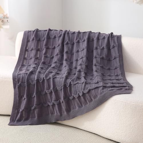 Wajade Knit Throw Lightweight Knitted Blanket for Sofa & Bed Breathable Non-Fluffy Knit Design with Ripple Texture All Seasons Home Decor(Dark Grey 130 * 170)