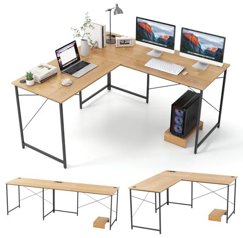 COSTWAY Bureau d'angle en L Réversible avec Multiprise 2 Prises & 2 Ports USB, 150 x 150 x 75 cm, Poste de Travail pour 2 Personnes avec Support Amovible pour PC/Moniteur, Assemblage Facile, Naturel