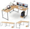 COSTWAY Bureau d'angle en L Réversible avec Multiprise 2 Prises & 2 Ports USB, 150 x 150 x 75 cm, Poste de Travail pour 2 Personnes avec Support Amovible pour PC/Moniteur, Assemblage Facile, Naturel