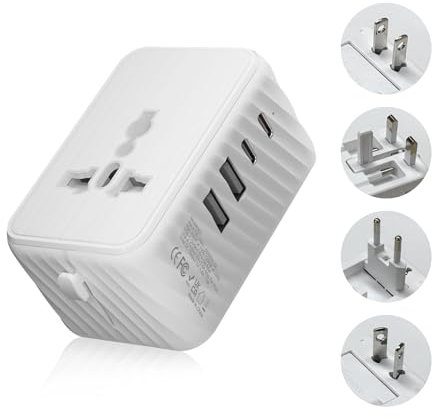 BOBOPACK Adaptador de Viaje Universal 150 Países, Enchufe Inteligente 3.4A/17W con 2 Puertos USB y 2 Puertos Tye-c, Seguro, Compacto, Compatible con USA/EU/UK/AU/AS