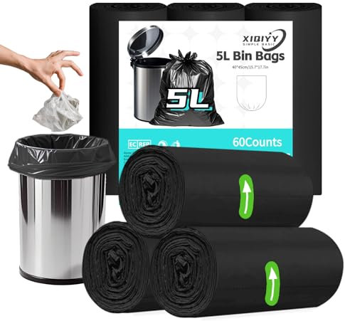 Small Bin Bags 5L Black Pedal Bin Liners 60 Counts Mini Waste Garbage Bags Thick, Strong, Leakproof Trash Bags for Bathroom, Office, Bedroom, Fit 3-6L Bins