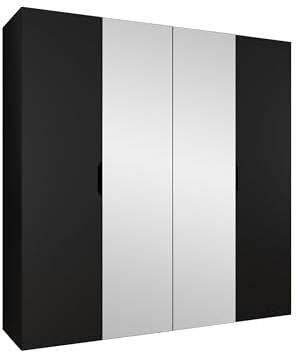 Mirjan24 Kleiderschrank mit Spiegel, Einlegeböden und Kleiderstange Midere 200, Vielseitiger Drehtürenschrank, Elegantes Kleiderschrank 4-türig (Schwarz)