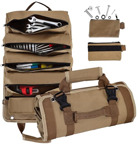 Fromann Tool Bag, Tool Roll Bag, Gifts for Men Dad Husband Boyfriend Grandpa, Roll Up Tool Bag with 4 Zipper Pockets and 2 Detachable, Presents for Fathers Day Birthday,Mens Valentines Gifts
