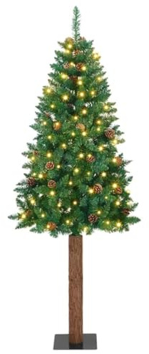 Albero di Natale Sottile in PVC e Legno con 300 LED, Design Salvaspazio con Aghi Realistici e Tronco in Legno, Albero di Natale con Luci Incorporate, Christmas Tree, Verde, 210 cm