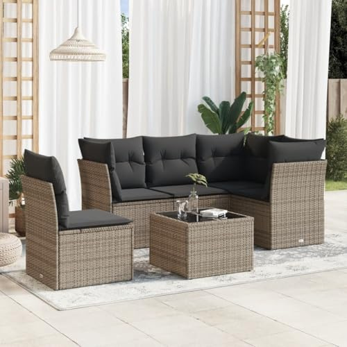 QJBSAVVA 6-TLG. Gartenmöbel Set aus Grau Poly Rattan mit Glas-Tisch, Untergestell aus Stahl, 62 x 62 x 69 cm, platzsparendes Balkonmöbel für Terrasse, Garten oder kleinen Balkon