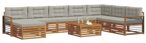 vidaXL Sofagarnituren 9 pcs Natürlich und Hellgrau Massivholz Akazie, Akazienholz Outdoor-Sofa-Set, modernes Gartenmöbel, Bequeme Liege, modulare Design, Poolbereich geeignet