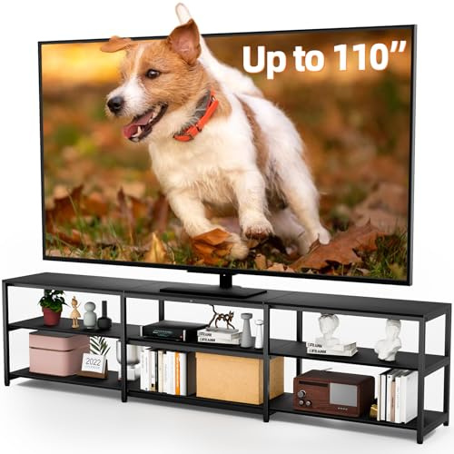 Aquzee 100 Inch TV Stand Cabinet, 249 cm Wide Large TV Unit for 85 - 110 TV, 3-Tier Wood TV Console Table with Open Storage Shelves, Entertainment Units TV Table for Living Room, Black
