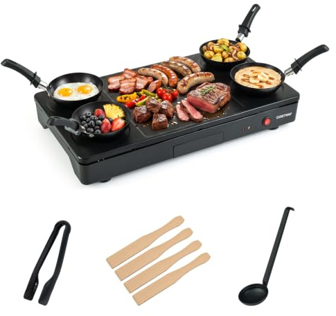 COSTWAY 1000 W Barbecue Elettrico da Tavolo, Griglia Antiaderente | Grill con 4 Padelle 1 Piastra, per Raclette e Bistecca, 4 Palette, Pinza e Mestolo, Pulizia Facile, per Cucina e Ristorante