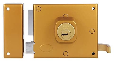 Amig - Serrure à chevauchement gauche avec levier de verrouillage, languette et poignée pour portes en bois Mod. 72 | 100 x 85 mm | Loquet à cylindre rond | Acier émaillé doré