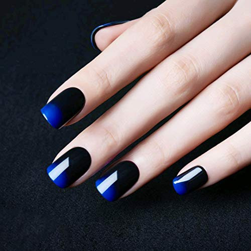 SIUSIO 24Stück Künstliche Nägel schwarze volle Abdeckung Short Gradient Schmuck Blue Top Coat falsche Nagel Covered Gel-Kunst-Spitzen-Sets für Frauen und Mädchen