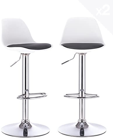 KAYELLES Lot de 2 tabourets de Bar Design Coussin Simili Cuir rembourré, Repose Pieds, réglable en Hauteur et pivotant 360° Pied Chrome SIG (Blanc - Noir)