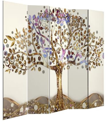 decomonkey - Paravent décoratif intérieur Abstrait 225x172 cm - Cloison de séparation - Marron Beige Jaune - Abstraction Artistique Arbres Gustav Klimt Fleurs Feuilles Plantes doré