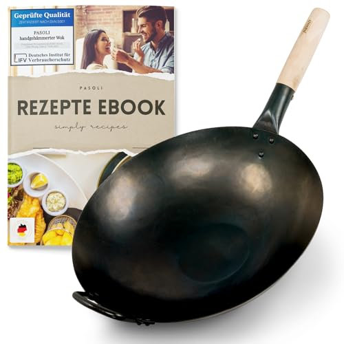 Wok Pasoli | PREMARCADO AL FUEGO | fondo plano | para fogones (también inducción) | 30 cm de diámetro | wok tradicional de acero al carbono martilleado a mano | capa natural antiadherente