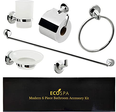 ECOSPA 6 Piece Bathroom Accessory Set - Includes Wall Mounted Chrome Towel Ring and Toilet Roll Holder with Cover Plate, Frosted Glass Soap Dish, Toothbrush Holder & Bath Robe Hook in Chrome