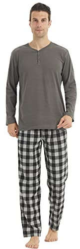 YUSHOW Pyjama Homme Long Hiver Henley T-Shirt à Long Manche Ultra Doux Bas de Pyjama Carreaux avec Poches Vêtements de Détente en Polaire, Gris Foncé+Gris Noir À Carreaux, XL