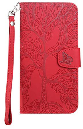 Annuo Coque iphone 7/8/SE 2020 Cover, Etui Portefeuille à Rabat avec Fermeture Magnétique, Wallet Case pour Téléphone Portable à Grain de Bois 3D pour Fonction de Suppor,Rouge