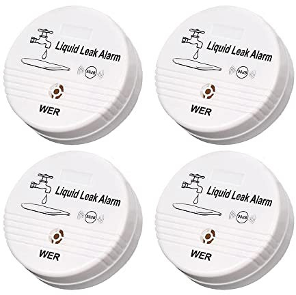 WER Water Leak Alarm Sensor, Battery Operated Leak Alert, 90dB Water Detector for Basements, Bathrooms, Laundry Rooms, Kitchens, Garages and All Office Areas (Shipped Without Battery, 4 Pack)