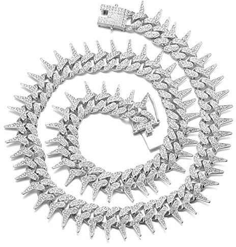 Halukakah Diamant Goldkette für Männer Iced Out,19MM Dornendesign Platin Weißgold Finish Halskette 60cm,Voll Cz Diamant Schnitt Zinken-Set,Geschenk für Ihn