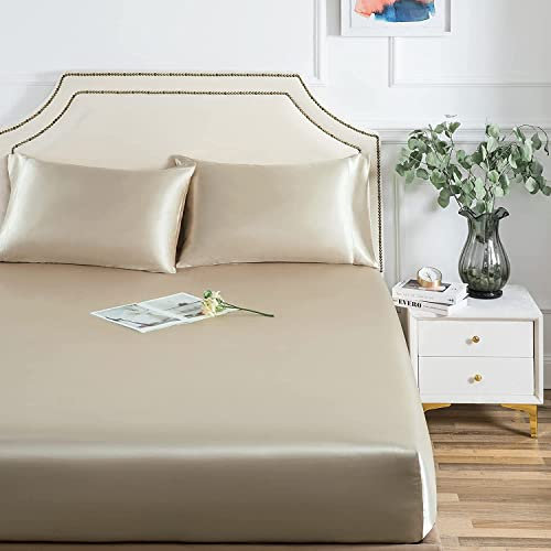 Damier Satin Spannbettlaken 90x200cm Beige Seide Glänzend Spannbetttuch Hochwertiges Satin Deluxe Bettlaken, geeignet für Matratzen bis 25cm