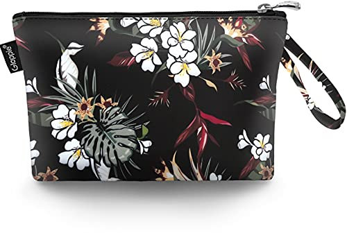 Gloppie Mini Sac Cosmétique Trousse de Maquillage Vanity Femme Organisateur de Toilette Portable Make-up Bag pour Voyage, Motif Fleurs Blanches & Noir