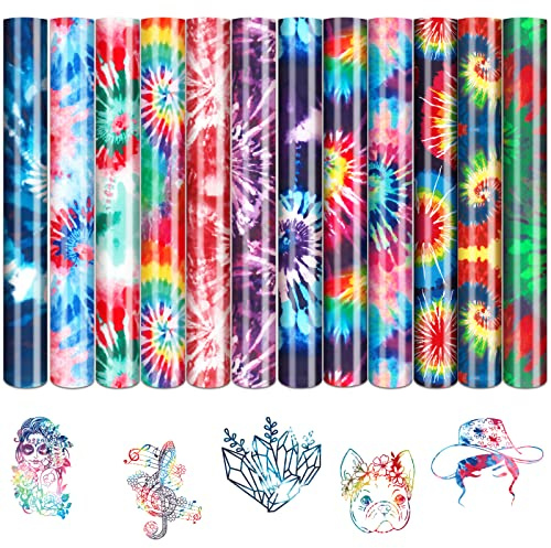 Tintnut Tie-dye Swirl Heat Transfer Vinyl - 12 x 10 12 Sheets Bundle Watercolor Rainbow Iron on Vinyl Seamless Colorful Pattern Printed HTV DIY T-Shirts Canvas Bag