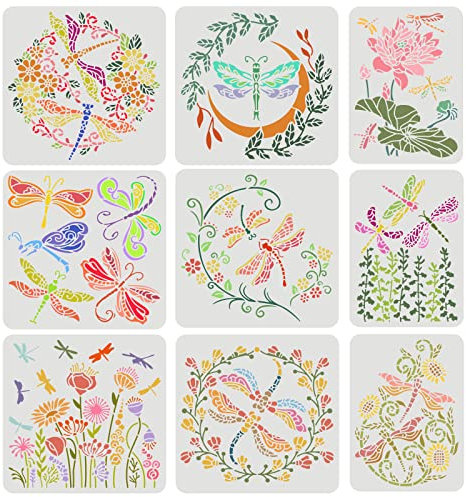 FINGERINSPIRE 9 STÜCKE Libelle Blumen Schablonen 2 Größen Blumenkranzschablonen Blumenbusch Lotus Ranke Zeichenschablonen DIY Kunststoff Schablonen große Schablonen zum Malen auf Holzwandstoffen