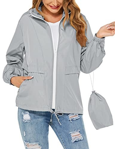 Tisfeer Vêtement de pluie étanche, léger et coupe-vent à capuche pour femme, gris, M