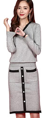 Schlankes Strickset für Damen, 2-teiliges Outfit, Büro, Damen, langärmelig, Pullover, Pullover, Midi, gerader Rock, Anzug, gray9, M